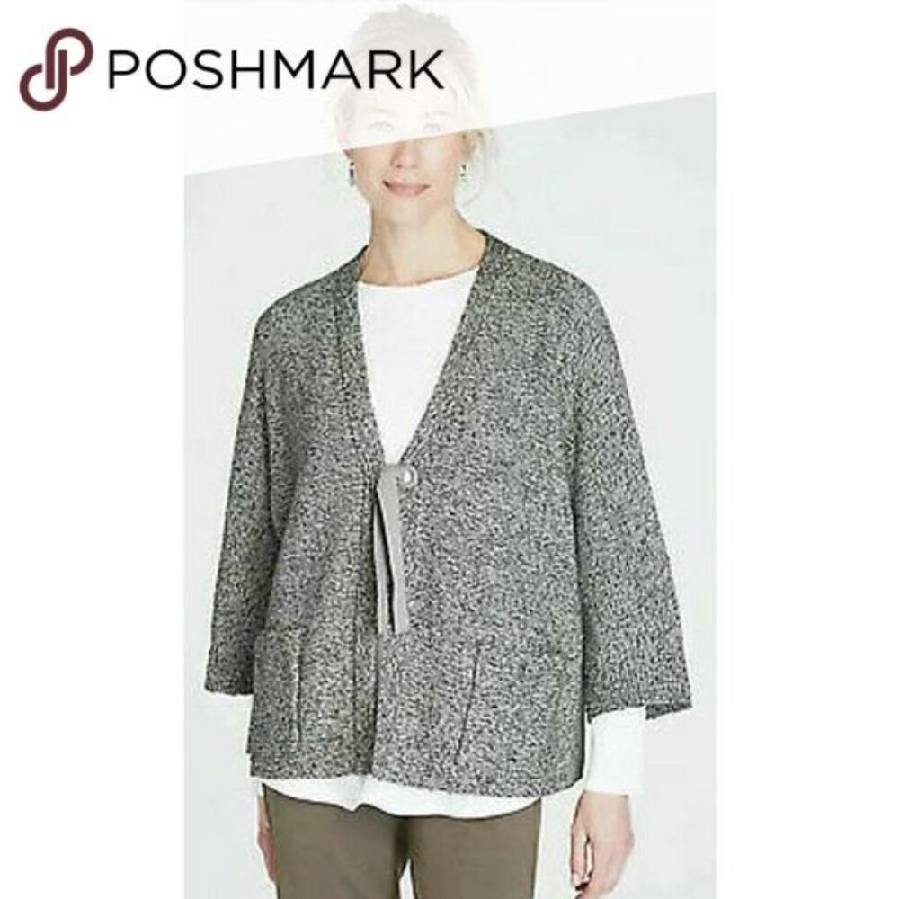 NWOT $99 J.Jill Olive gray tweed ribbon tie kimono cardigan oversized M tall